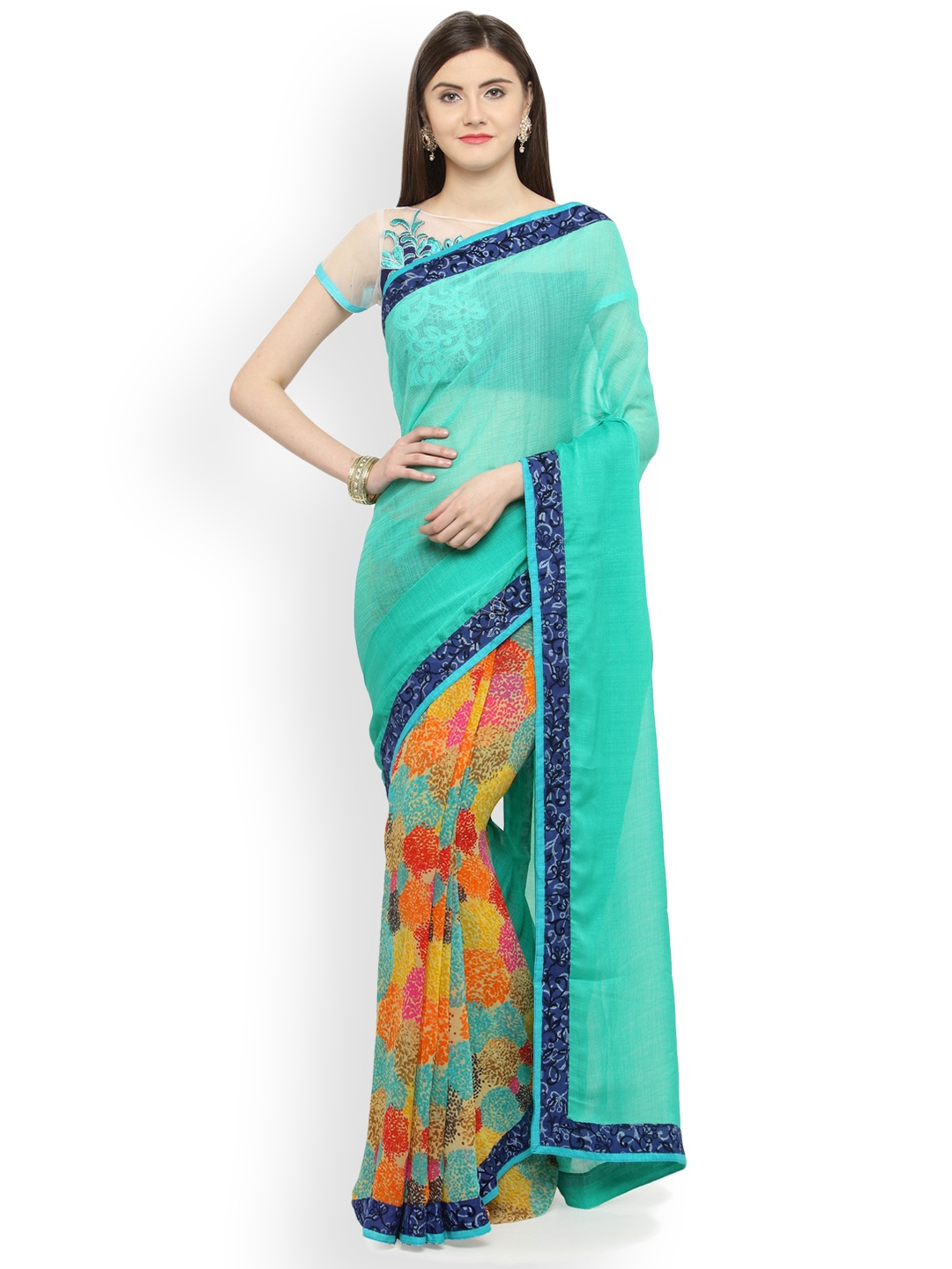 

Shaily Sea Green & Yellow Pure Georgette Printed Saree
