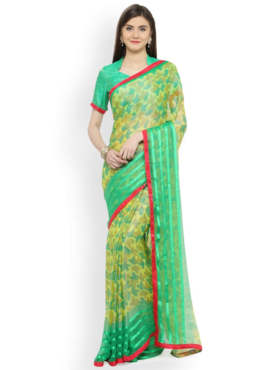 

Shaily Green & Yellow Silk Blend Printed Saree