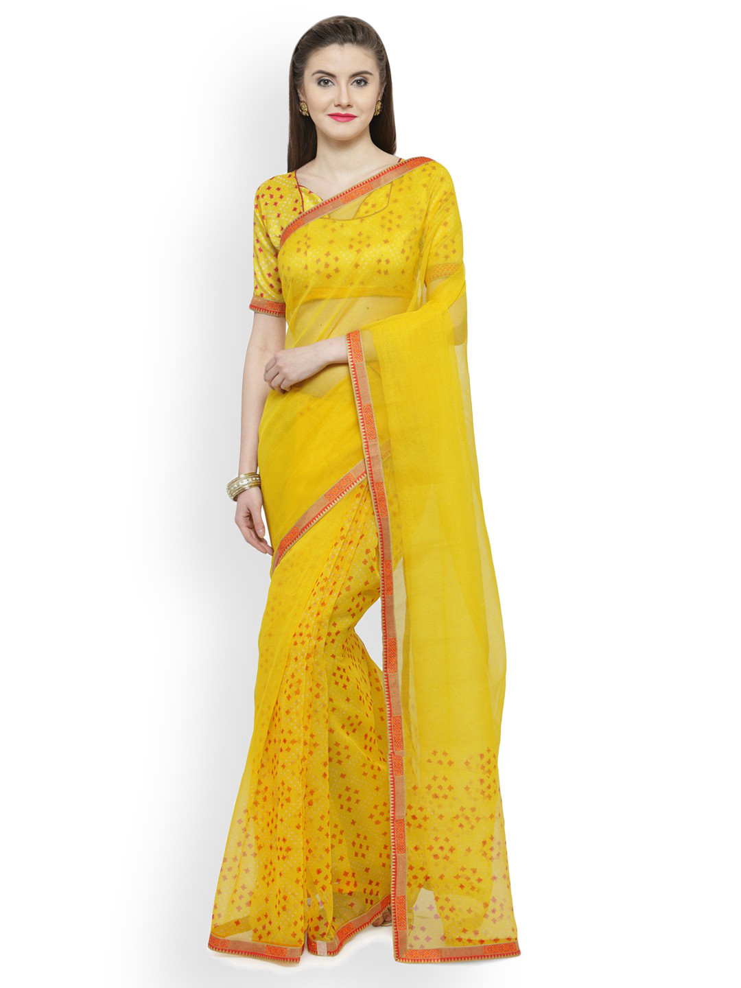 

Shaily Yellow Printed Cotton Blend Saree