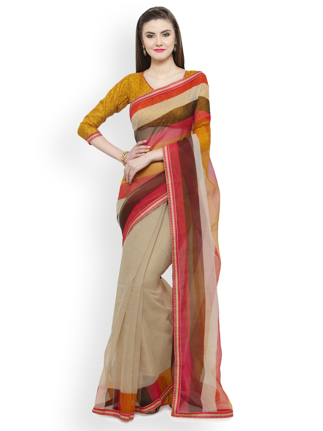 

Shaily Beige & Pink Cotton Blend Striped Saree