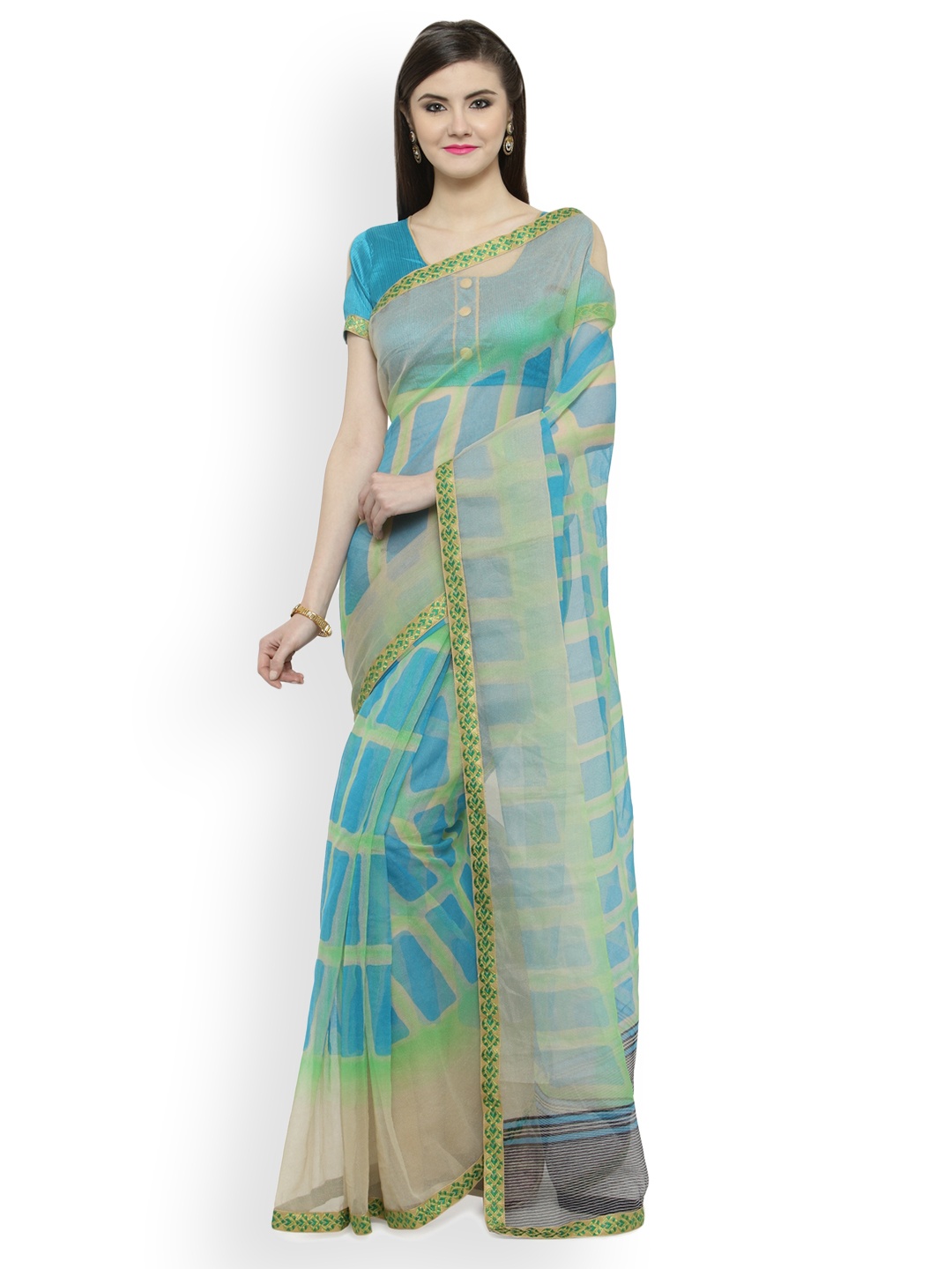 

Shaily Cream-Coloured & Blue Cotton Blend Checked Saree