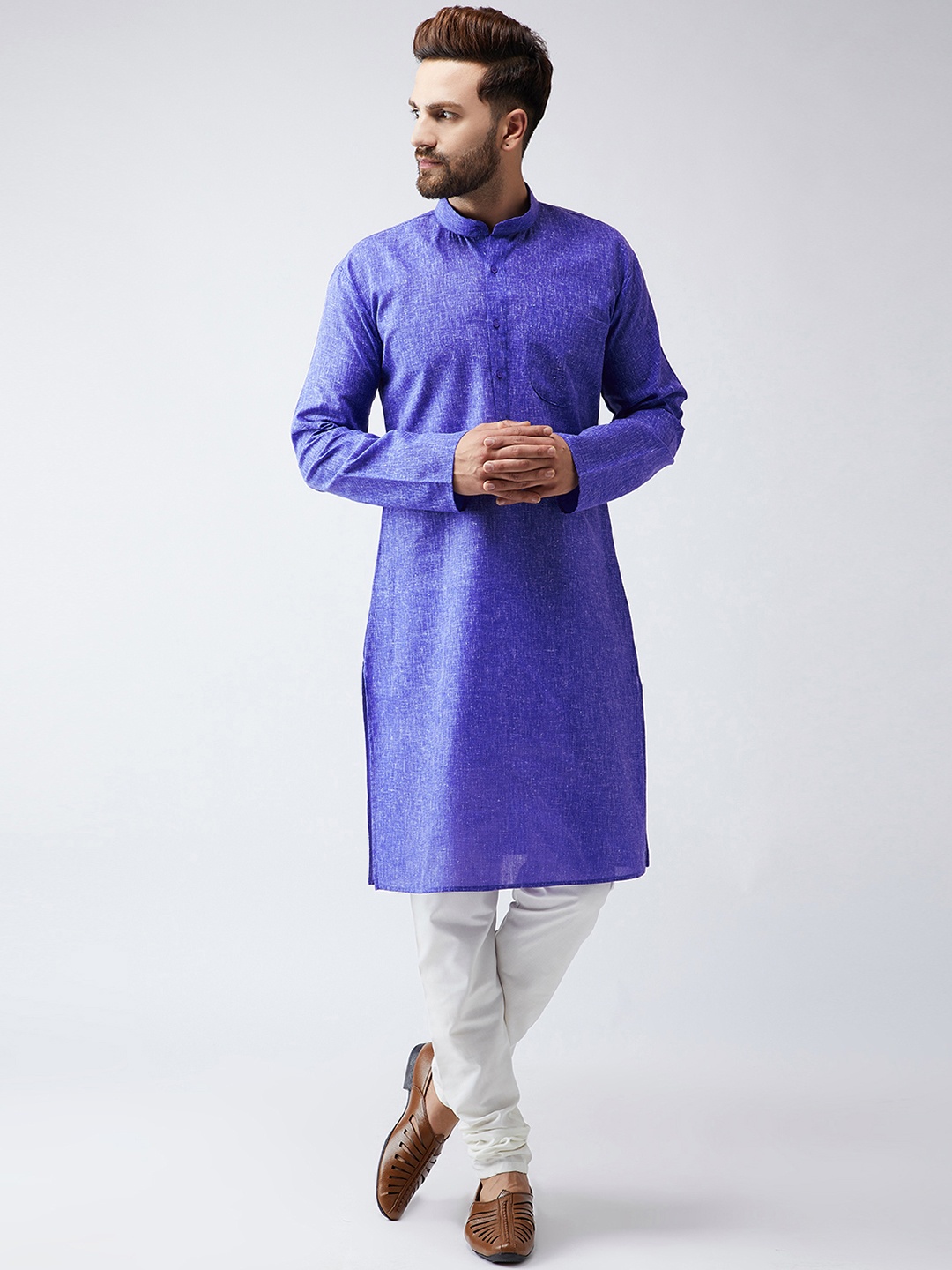 

SOJANYA Men Blue & Off-White Self Design Kurta with Churidar