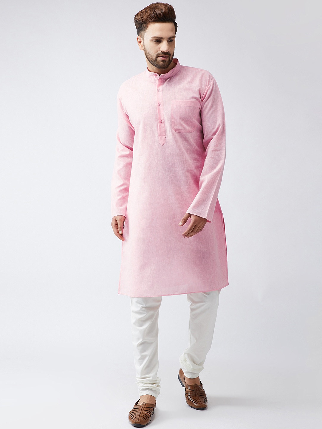 

SOJANYA Men Pink & Off-White Solid Kurta with Churidar