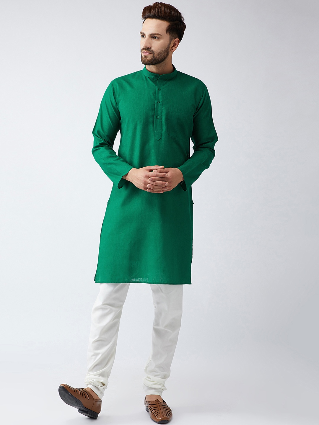 

SOJANYA Men Green & Off-White Solid Kurta with Churidar