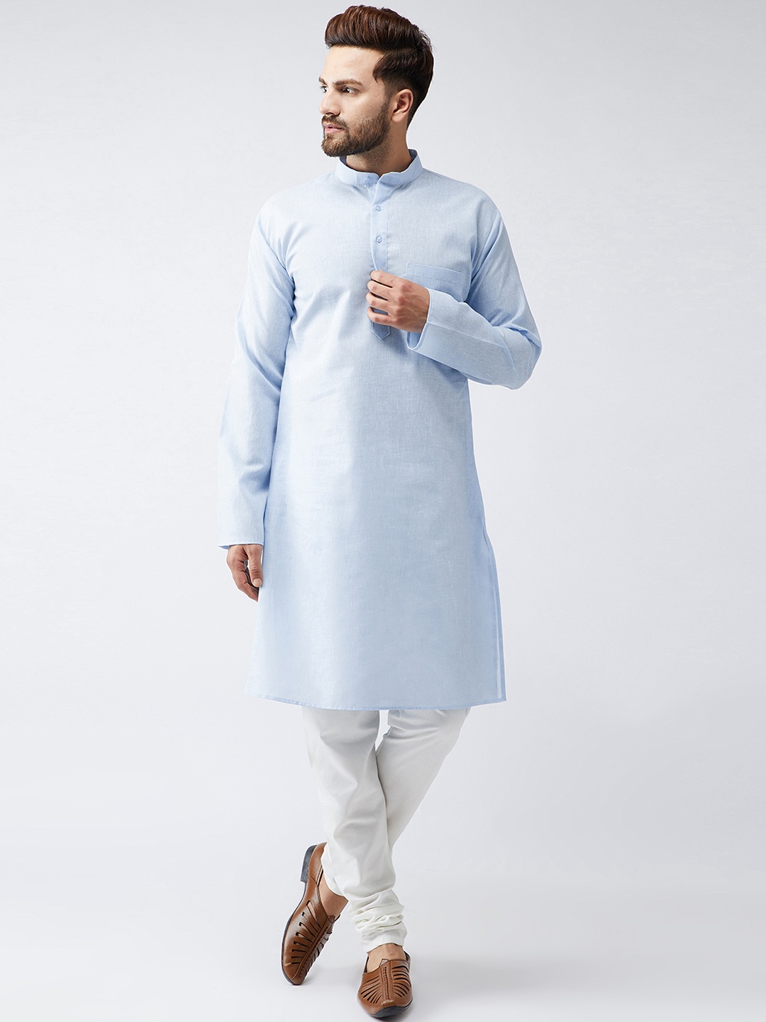 

SOJANYA Men Blue & Off-White Solid Kurta with Churidar