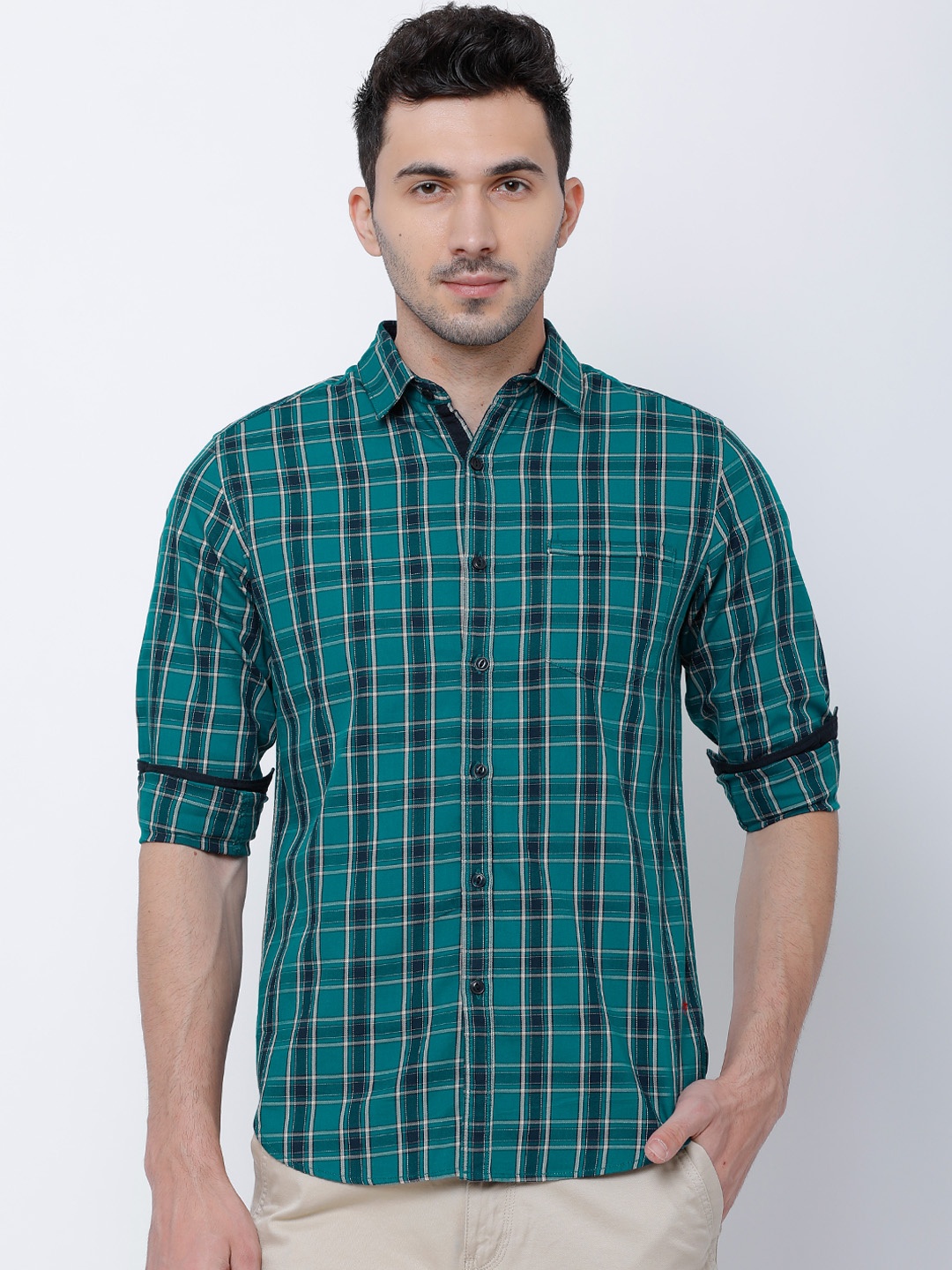 

LOCOMOTIVE Men Teal & Navy Blue Slim Fit Checked Casual Shirt