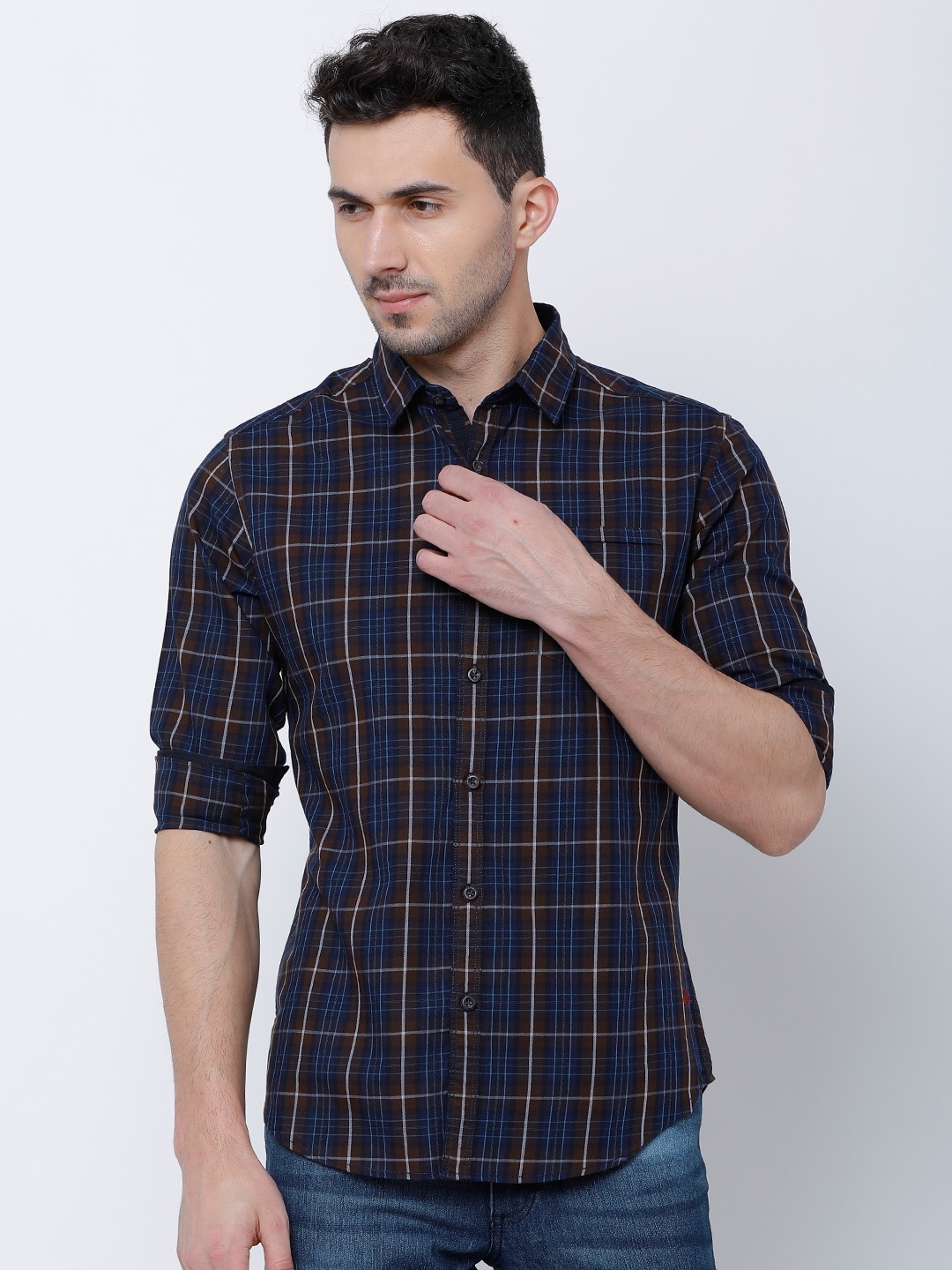 

LOCOMOTIVE Men Brown & Navy Blue Slim Fit Checked Casual Shirt