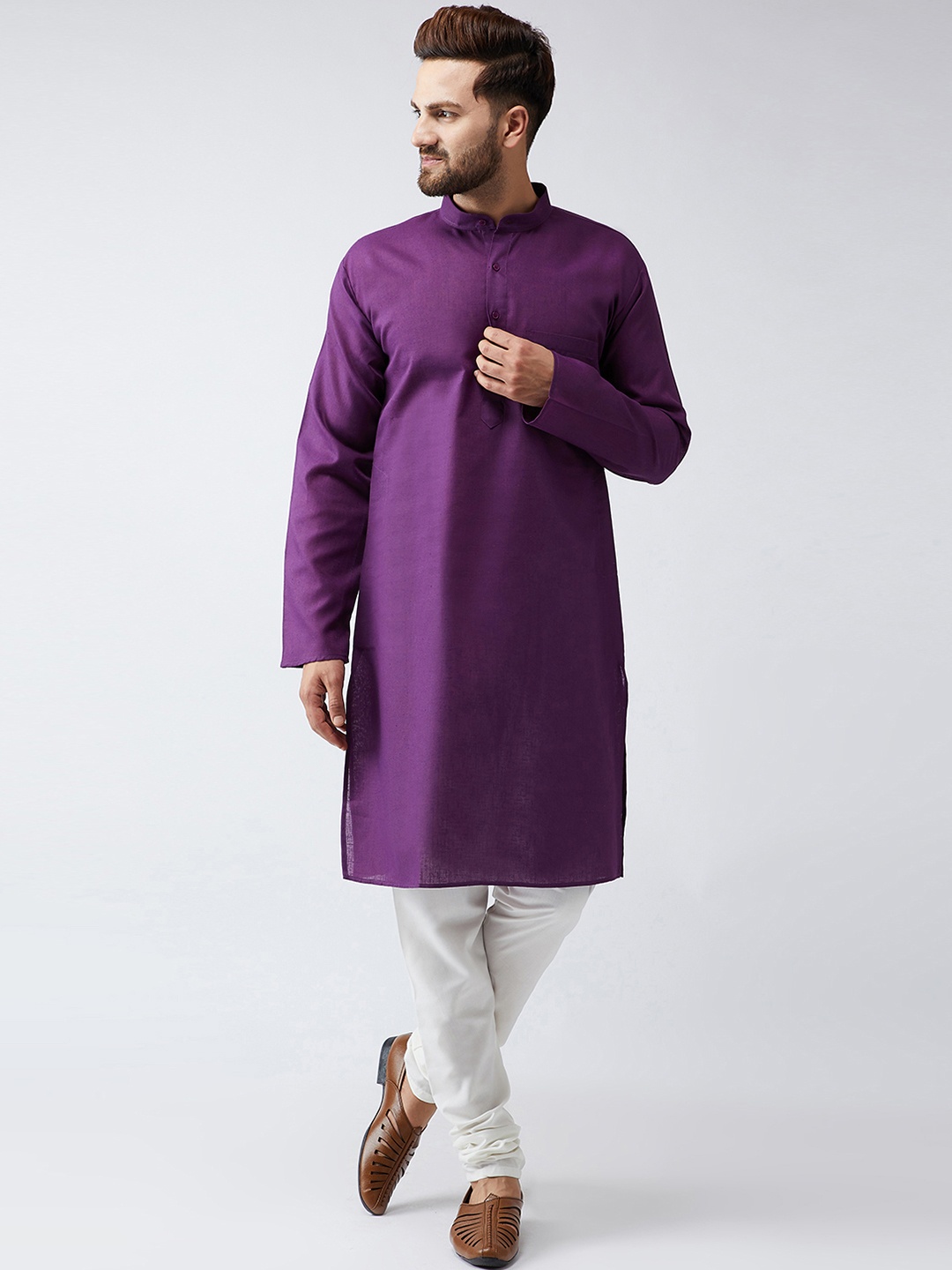 

SOJANYA Men Purple & Off-White Solid Kurta with Churidar
