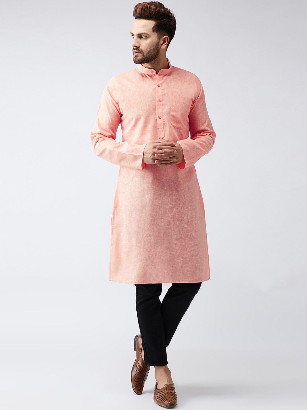 

SOJANYA Men Peach-Coloured Woven Design Straight Kurta