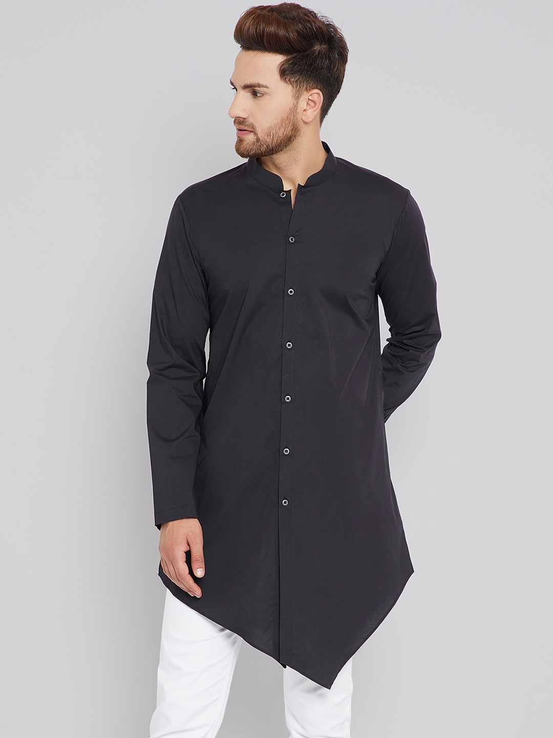 

See Designs Men Black & Black Solid Asymmetric A-Line Kurta