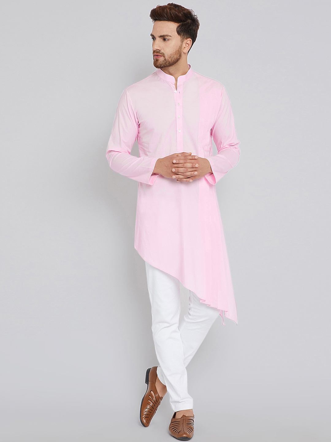 

See Designs Men Pink Solid Asymmetrical Hem A-Line Kurta