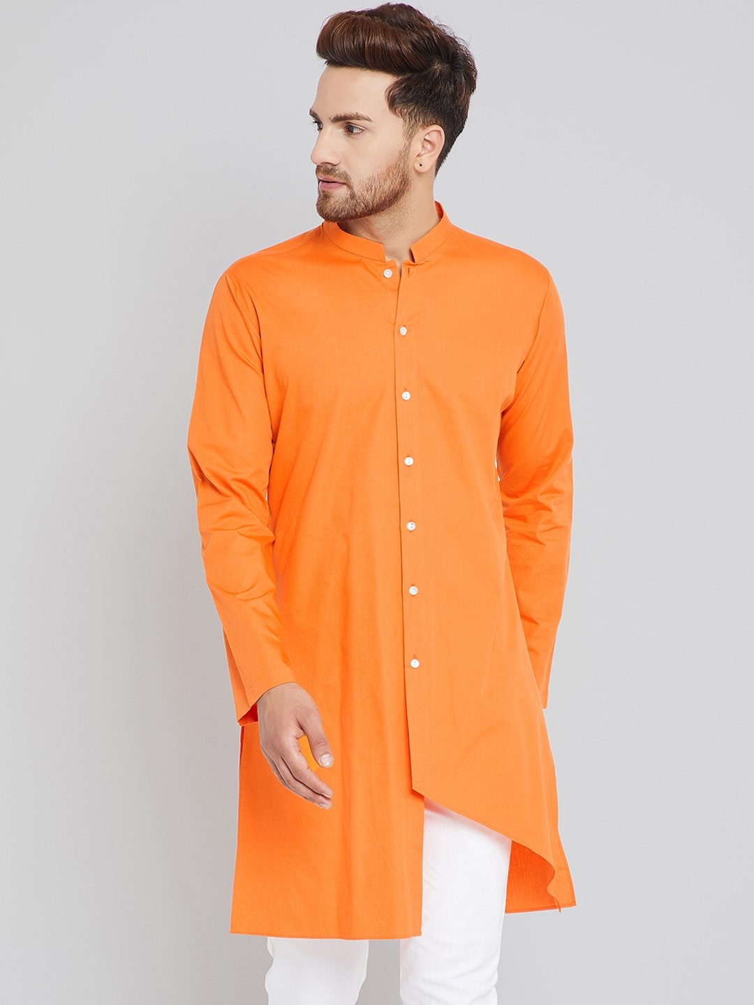 

See Designs Men Orange Solid Asymmetrical Hem Straight Kurta