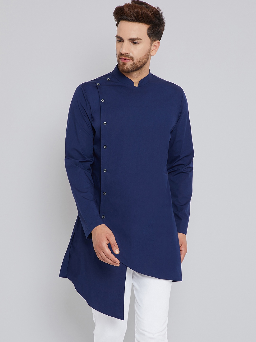 

See Designs Men Blue Solid Asymmetric Hemline A-Line Kurta
