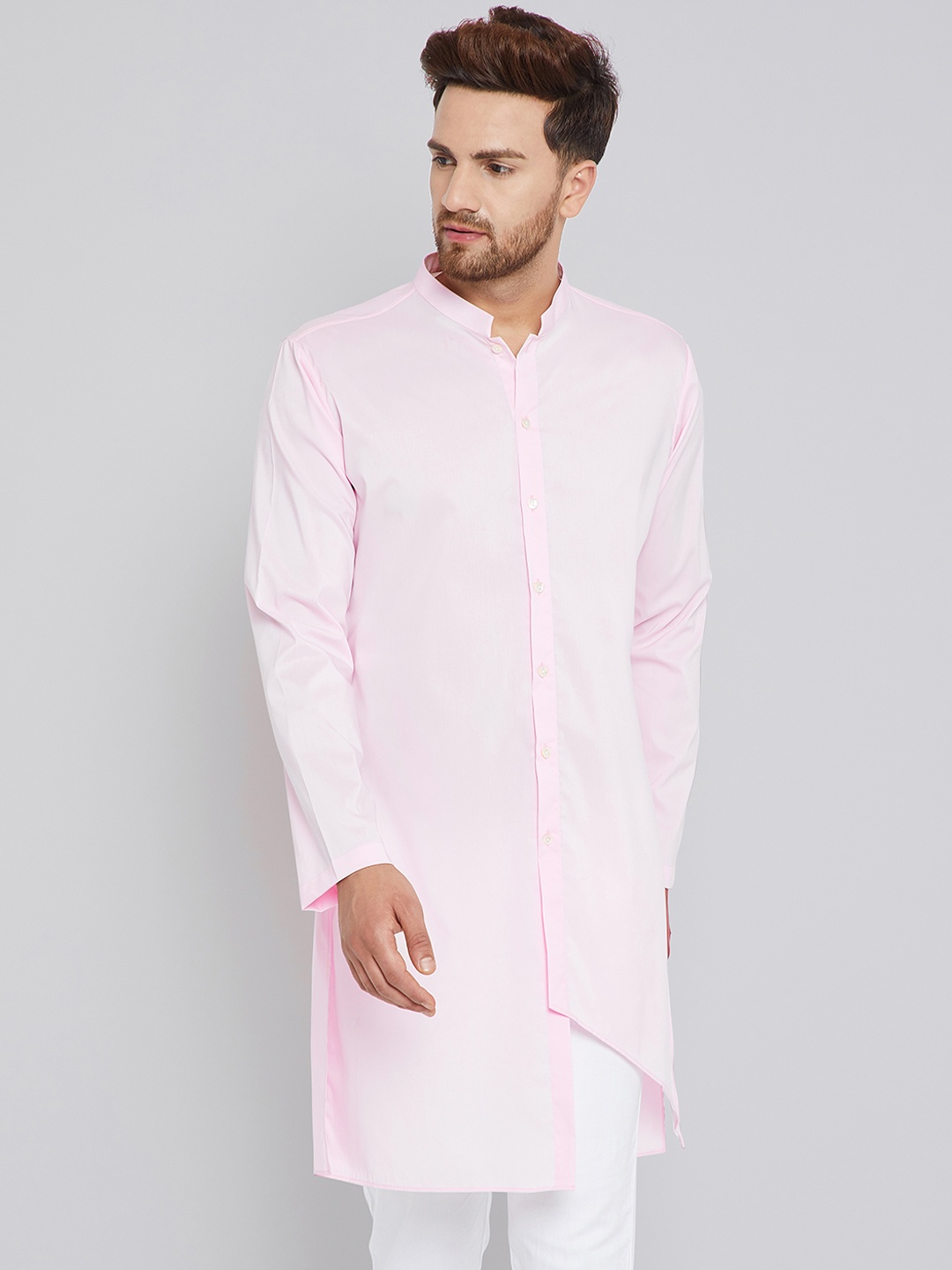 

See Designs Men Pink Solid Asymmetric Hemline Straight Kurta