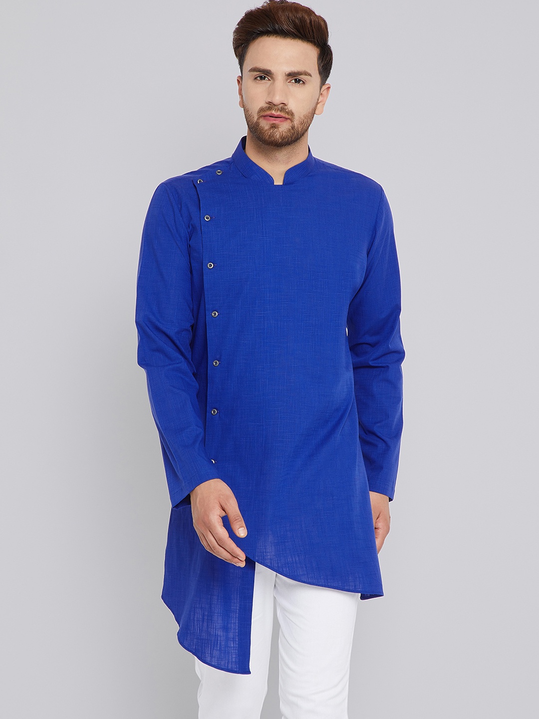 

See Designs Men Blue Woven Design Asymmetric A-Line Kurta