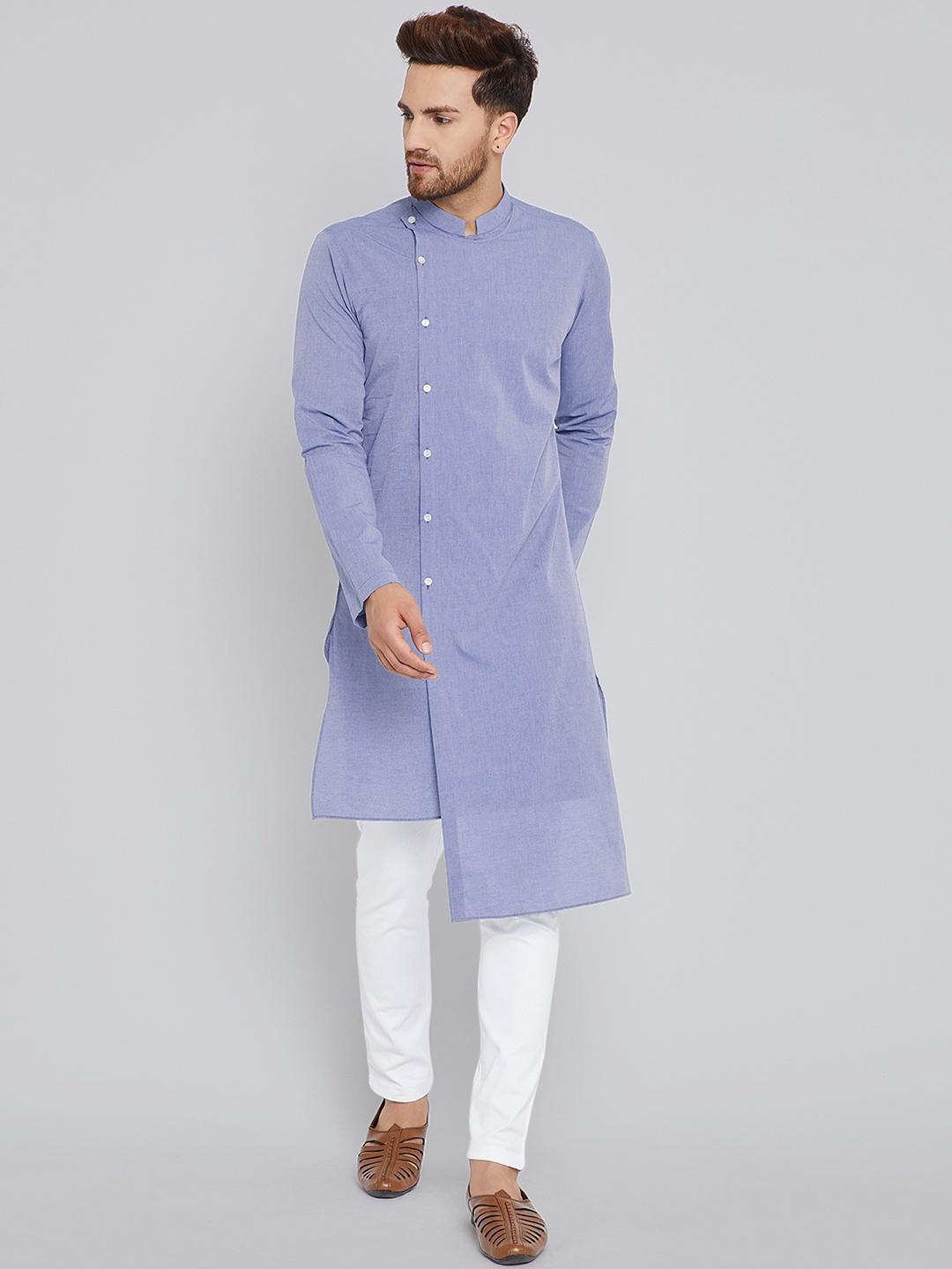 

See Designs Men Blue Woven Design Asymmetrical Hem Straight Kurta