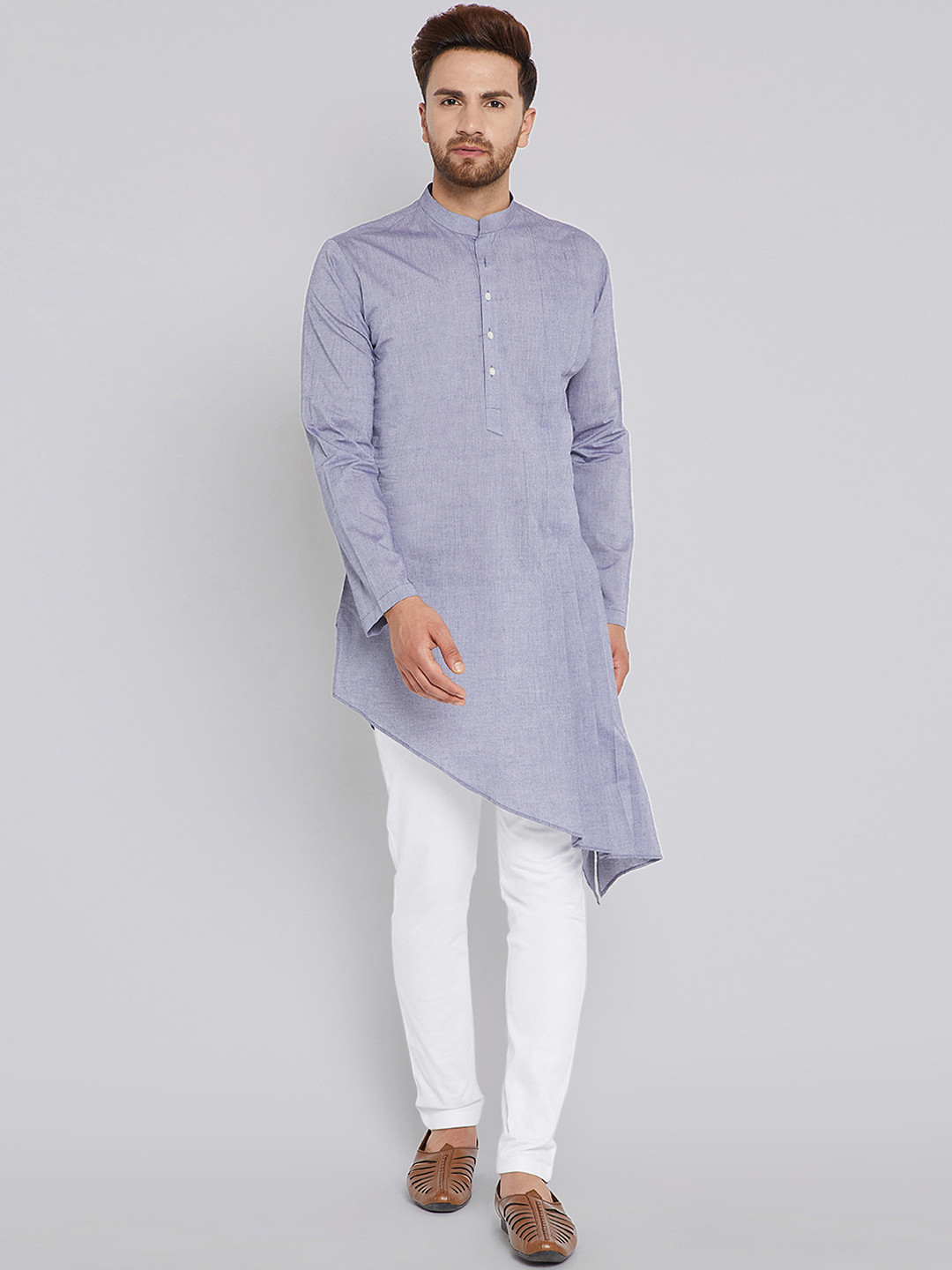 

See Designs Men Grey Woven Design Asymmetric A-Line Kurta