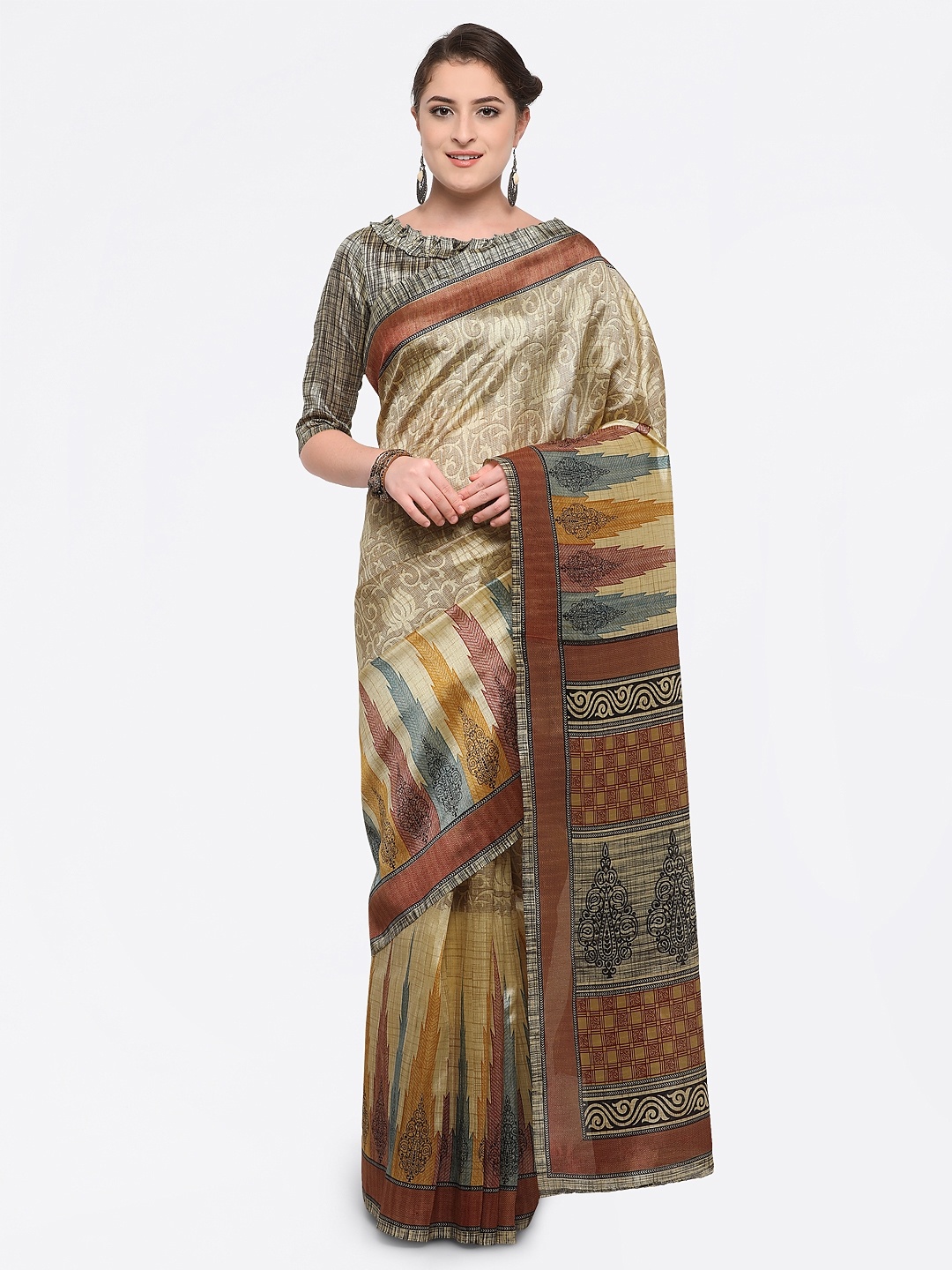 

Saree mall Beige Silk Blend Printed Bhagalpuri Saree
