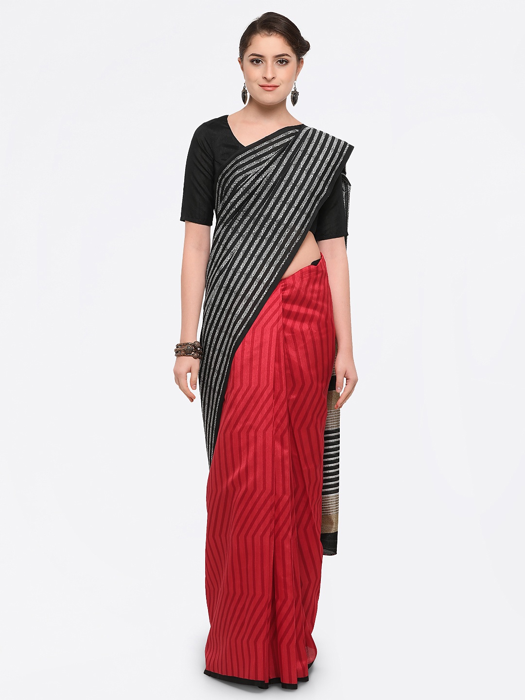 

Saree mall Black & Red Silk Blend Striped Bhagalpuri Saree