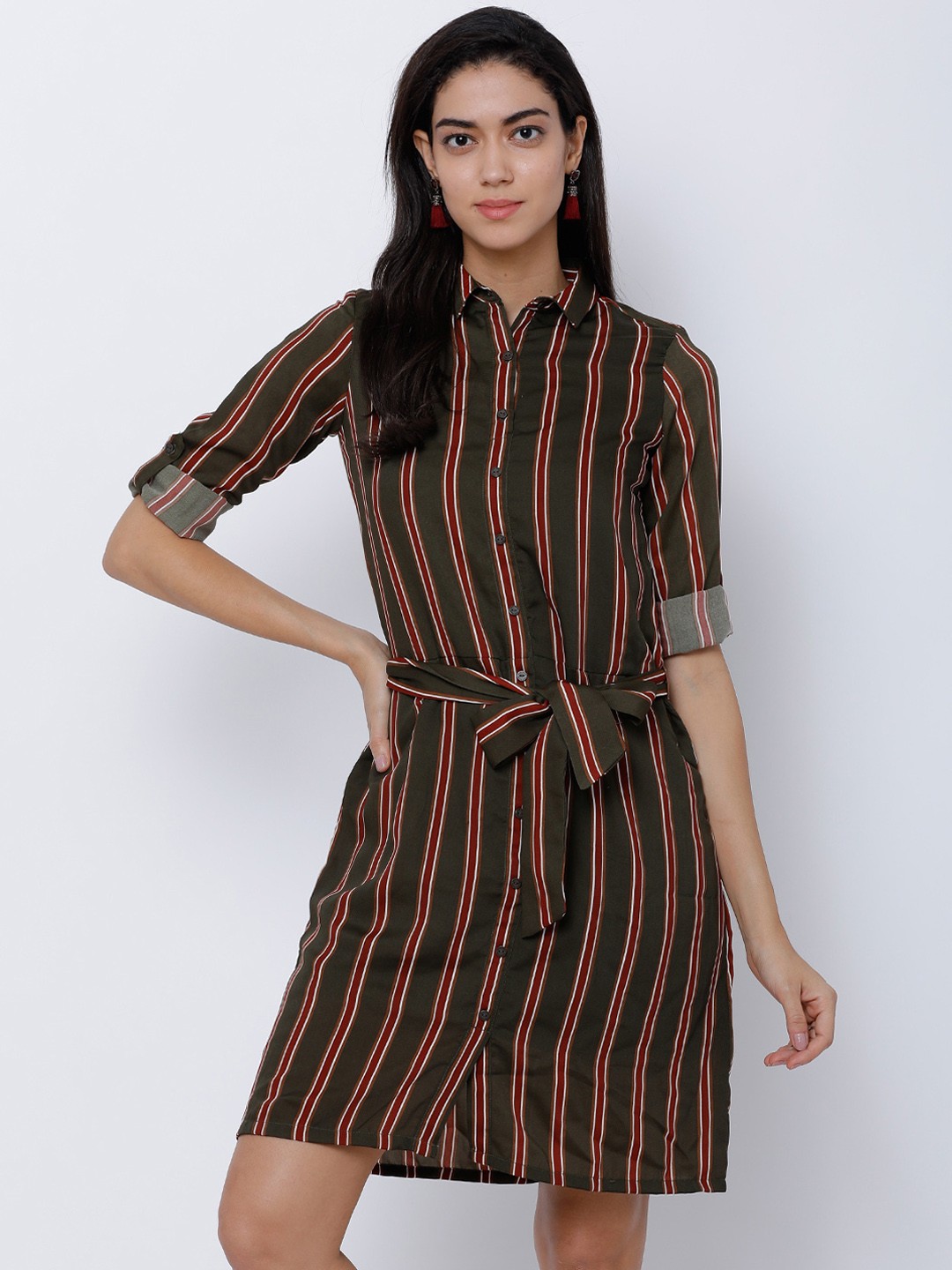 

Tokyo Talkies Women Brown Striped Shirt Dress