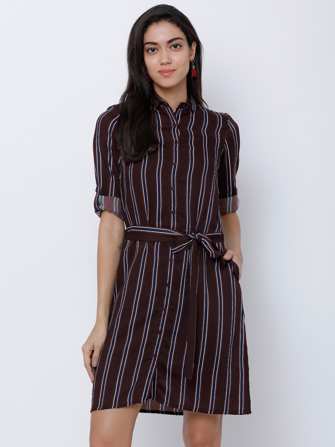 

Tokyo Talkies Women Maroon Striped Shirt Dress