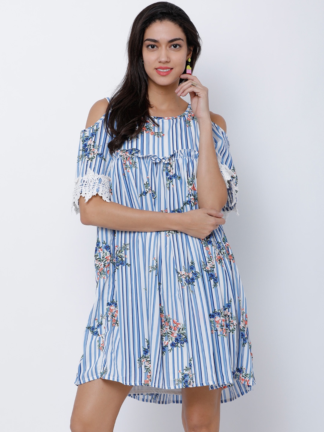 

Tokyo Talkies Women White Striped Cold Shoulder A-Line Dress