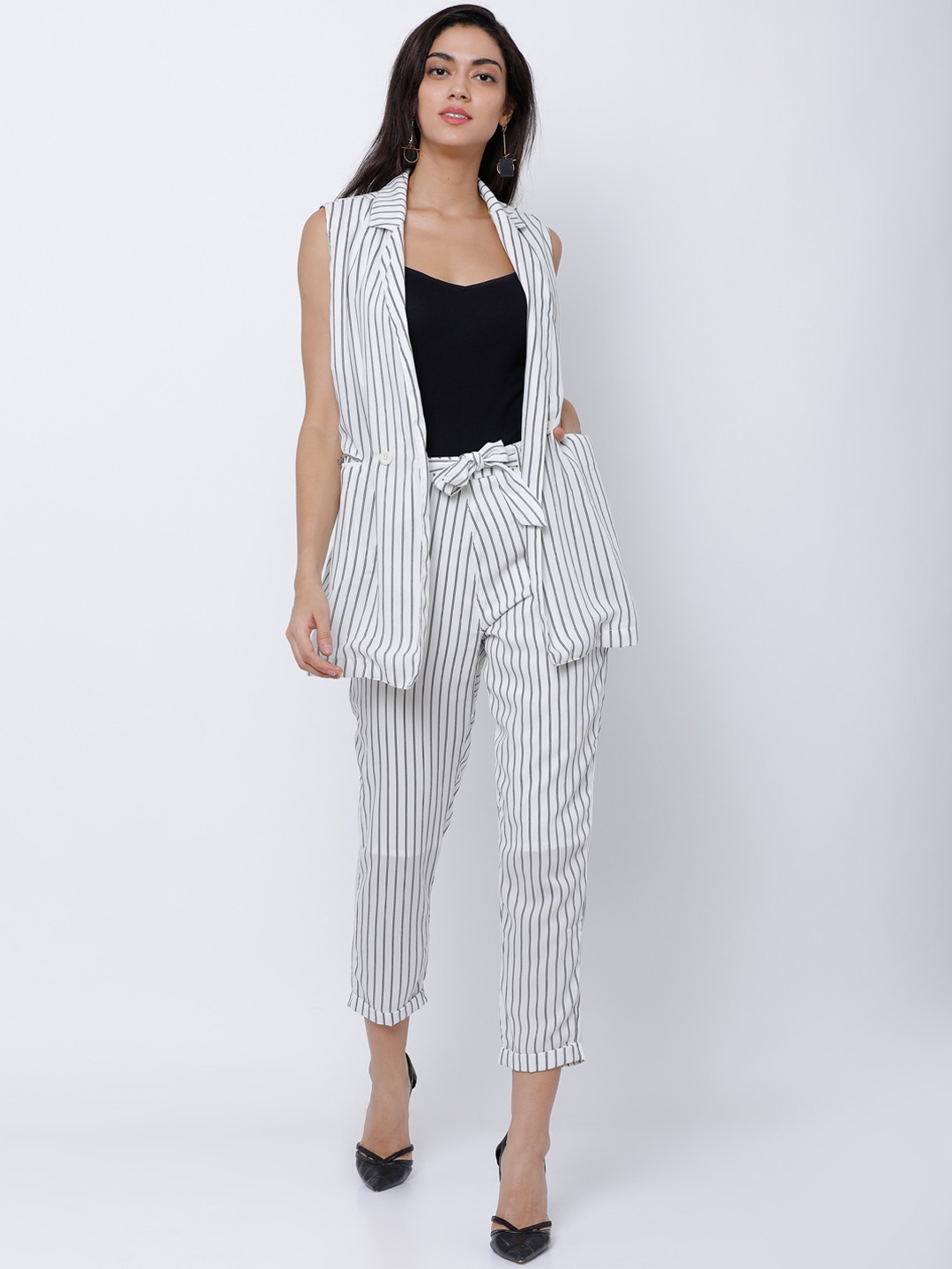 

Tokyo Talkies Women White & Black Striped Waistcoat with Trousers