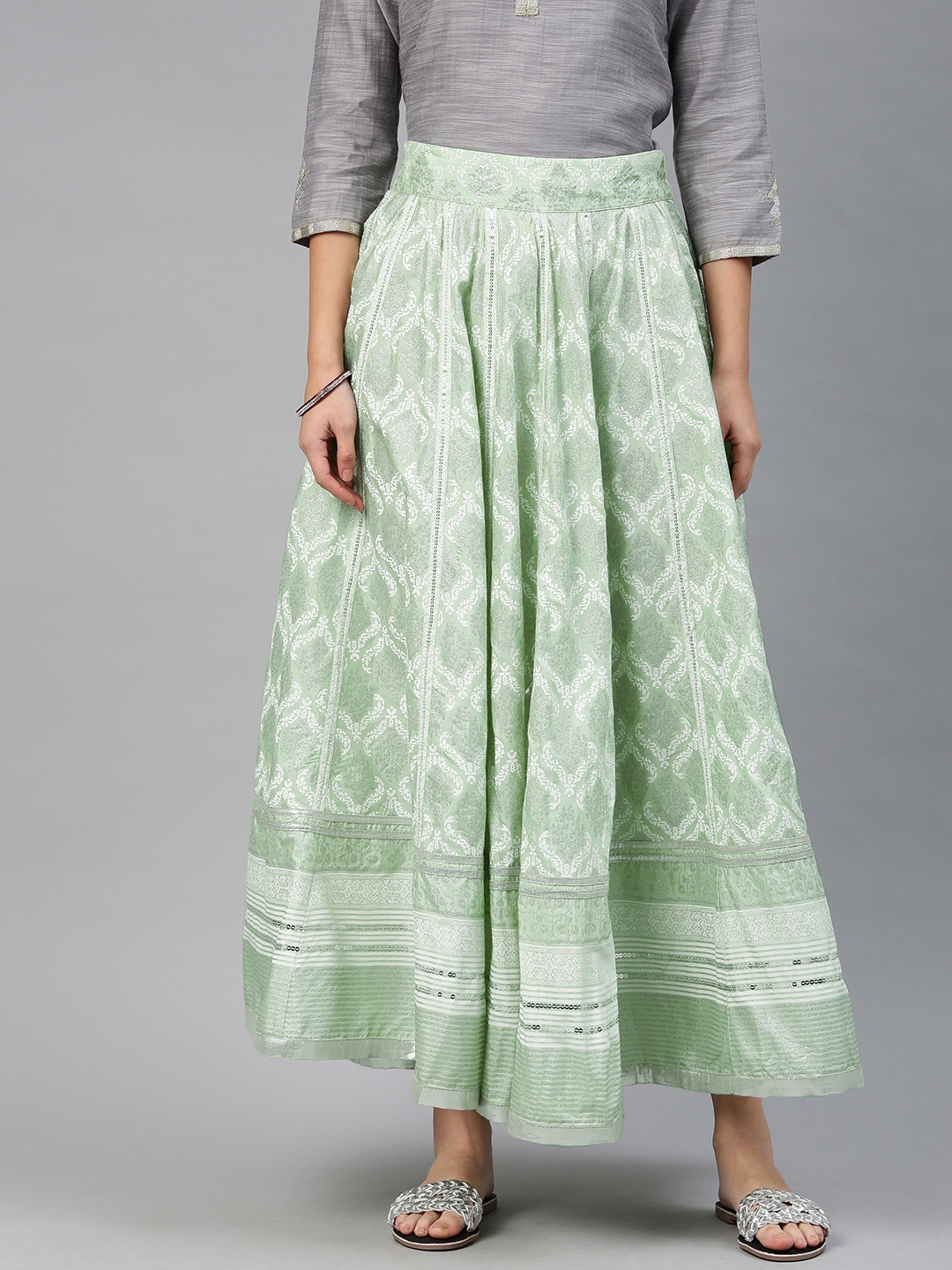 

W Green & Silver Printed Maxi Flared Skirt