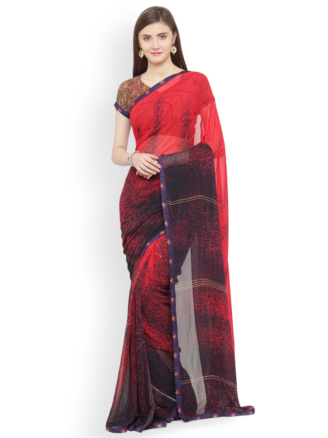 

Shaily Red & Navy Blue Pure Georgette Printed Saree