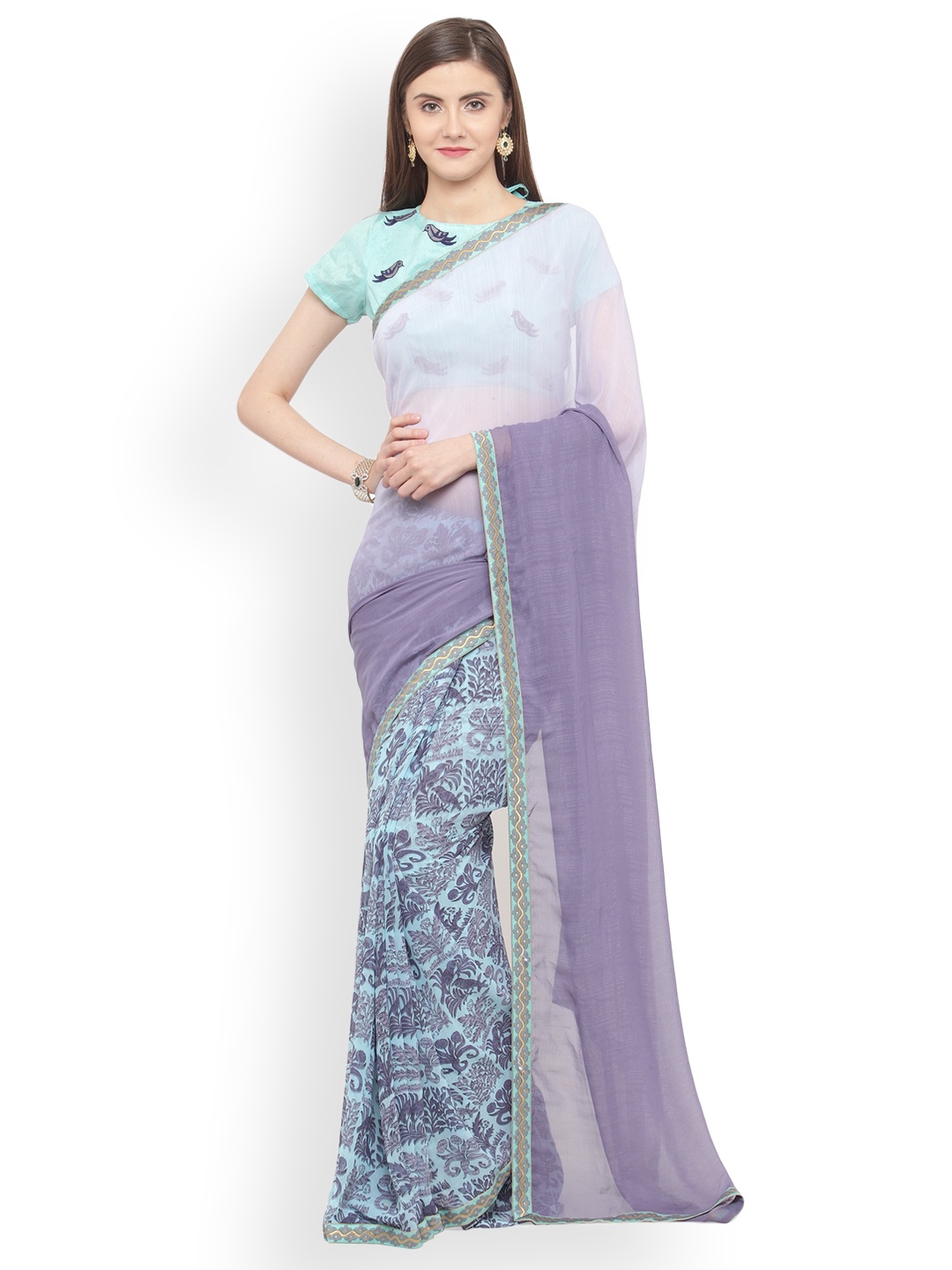 

Shaily Purple & Blue Pure Georgette Printed Saree