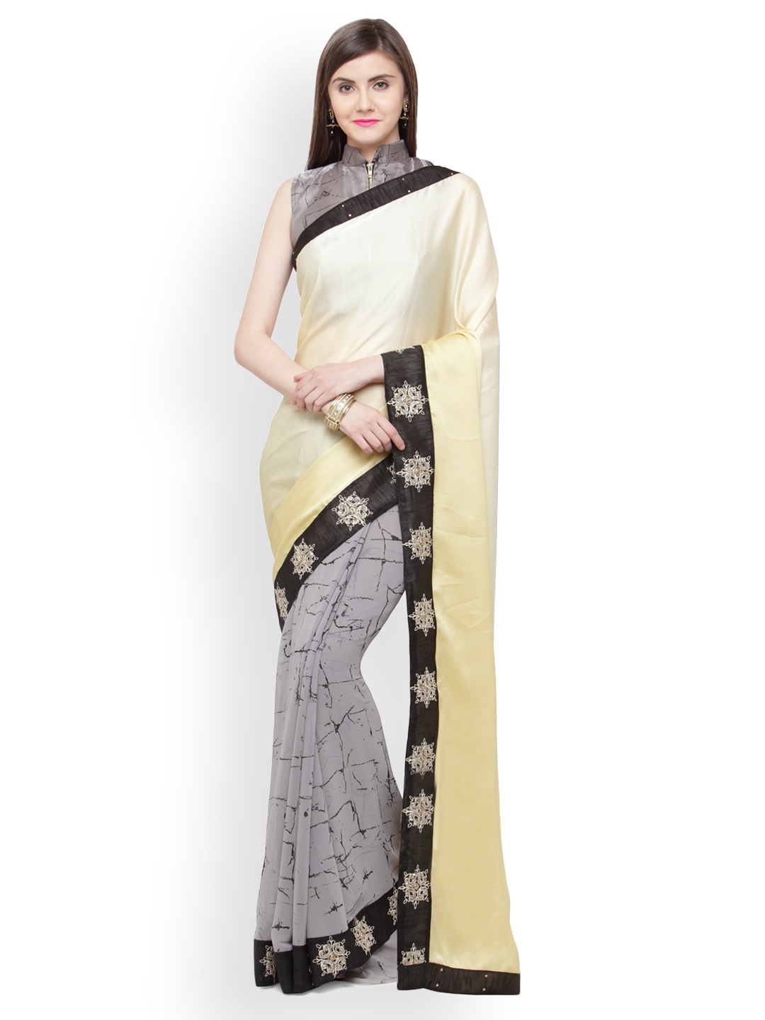 

Shaily Beige & Grey Satin Embellished Saree