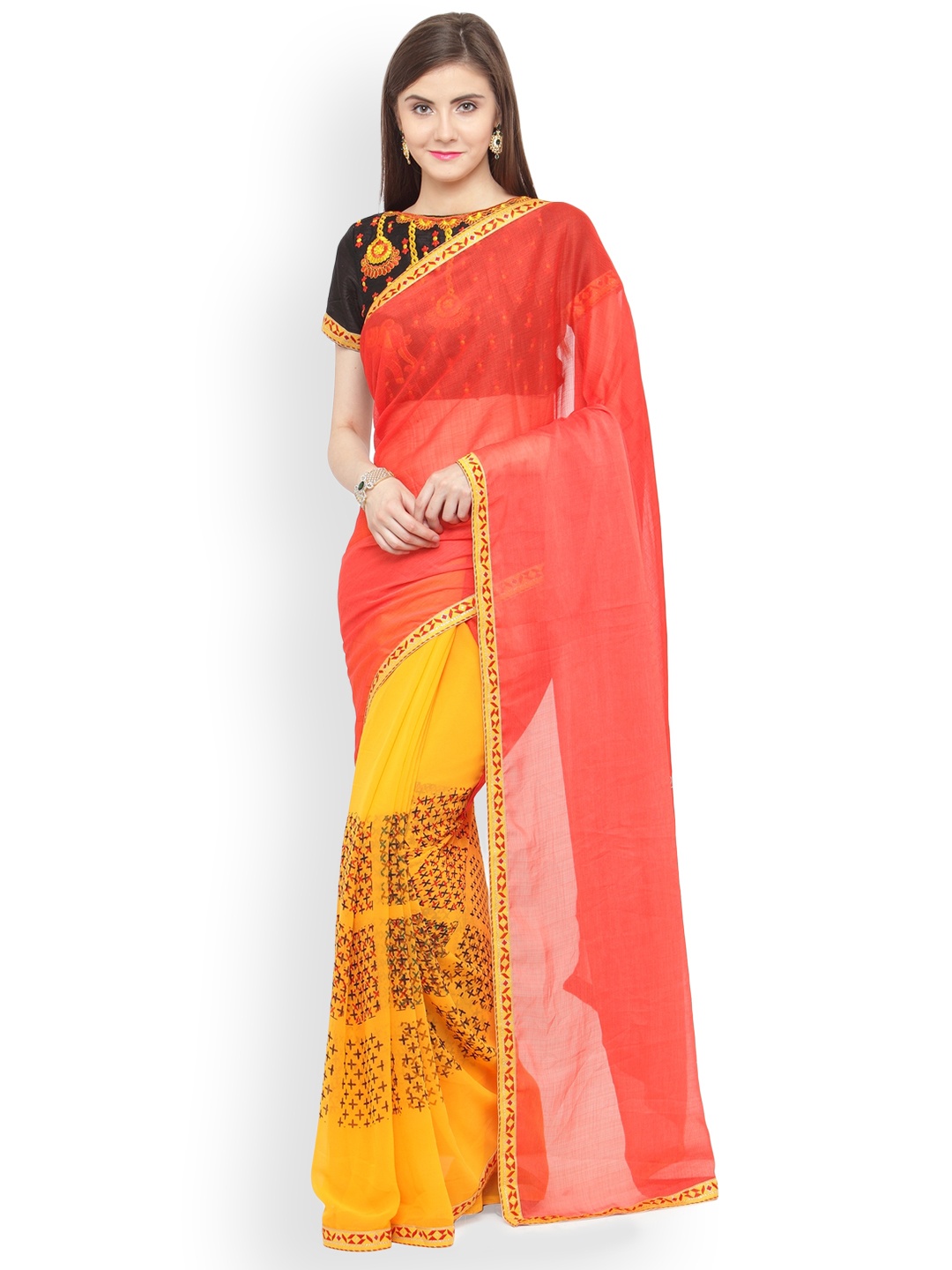 

Shaily Red & Yellow Pure Georgette Printed Saree