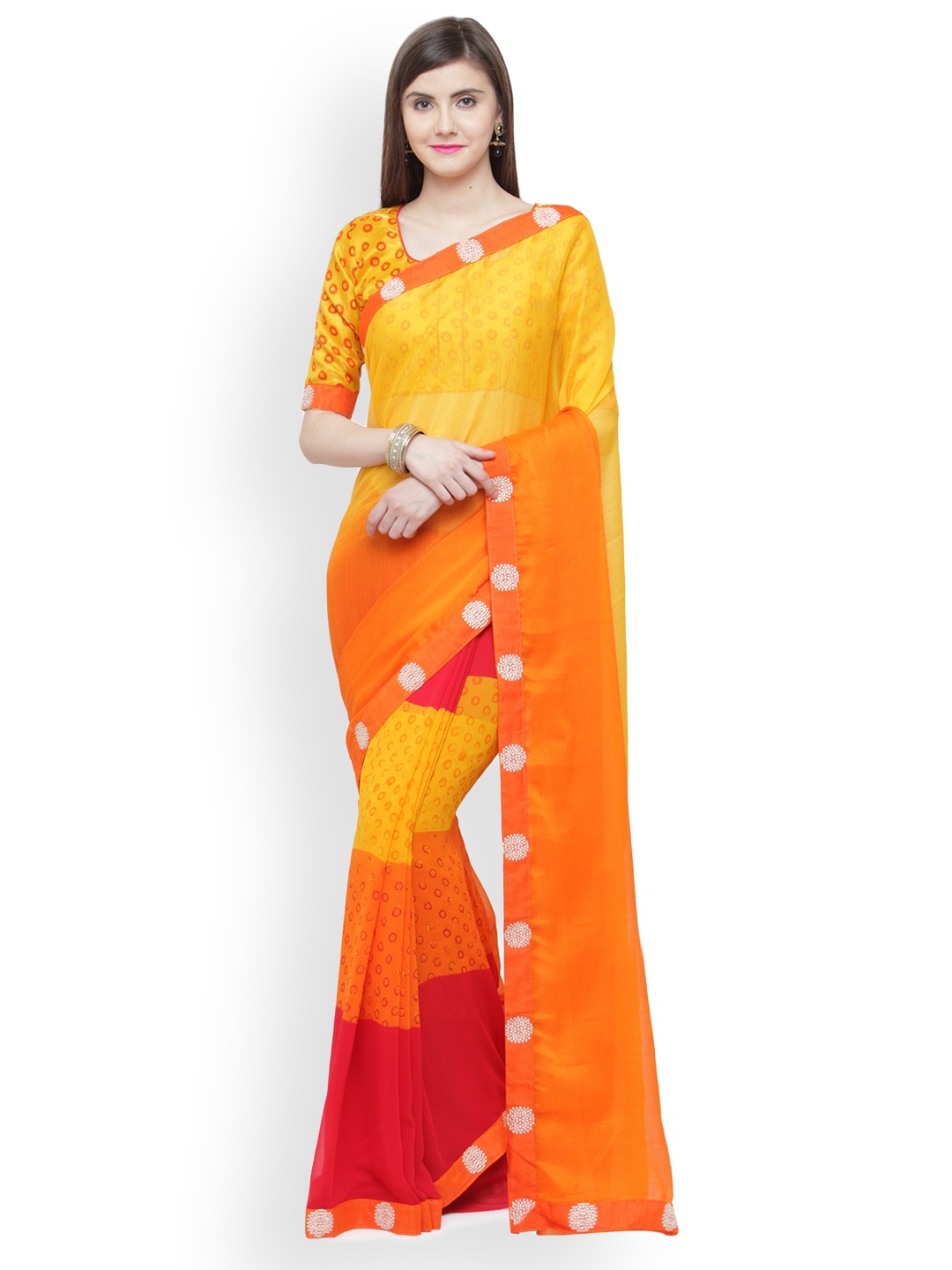 

Shaily Orange & Yellow Georgette Printed Saree
