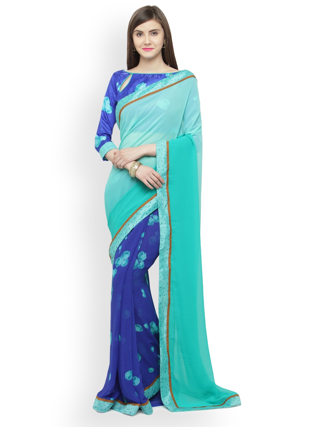 

Shaily Turquoise Blue Printed Pure Georgette Saree