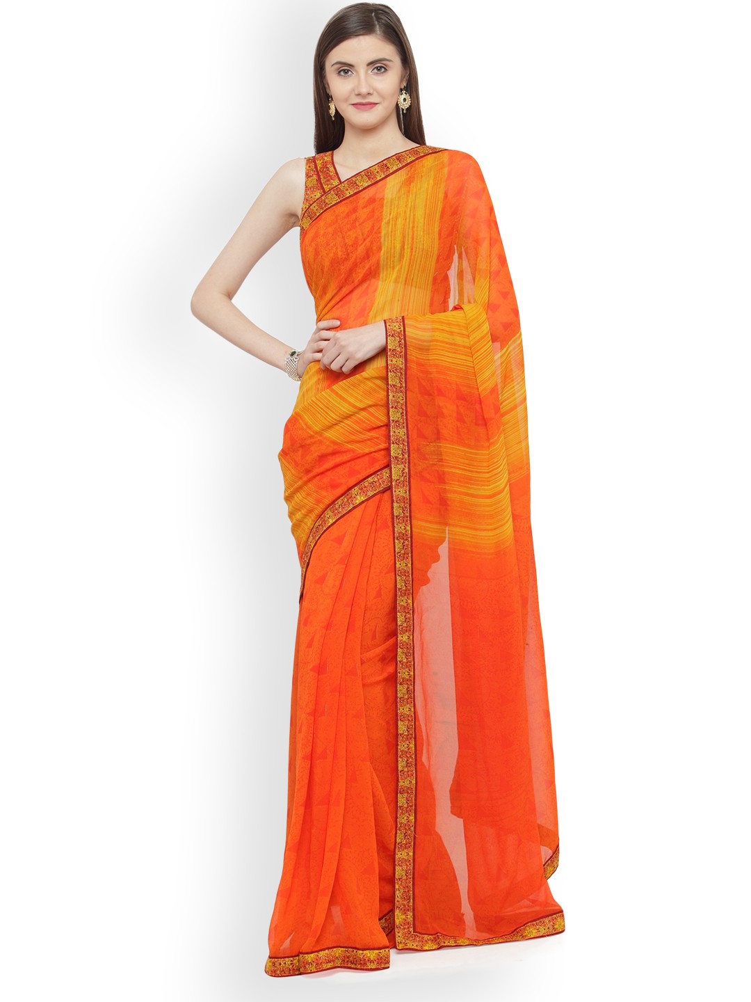 

Shaily Orange Georgette Striped Saree
