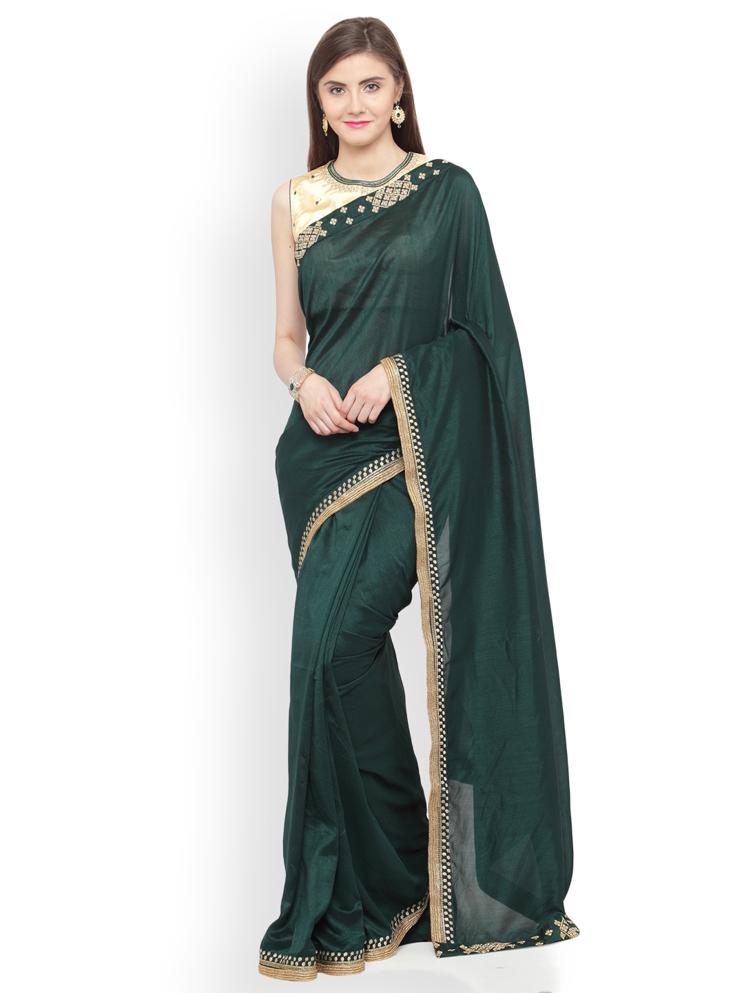 

Shaily Green Solid Satin Saree