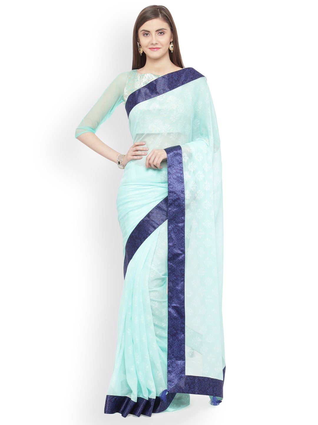 

Shaily Turquoise Blue Printed Pure Chiffon Saree