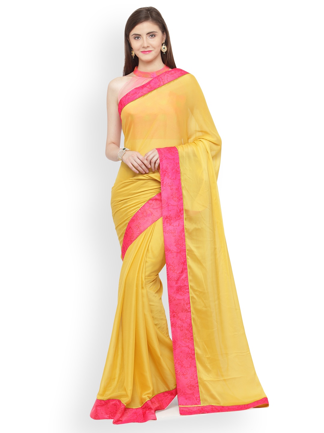 

Shaily Yellow Solid Satin Saree