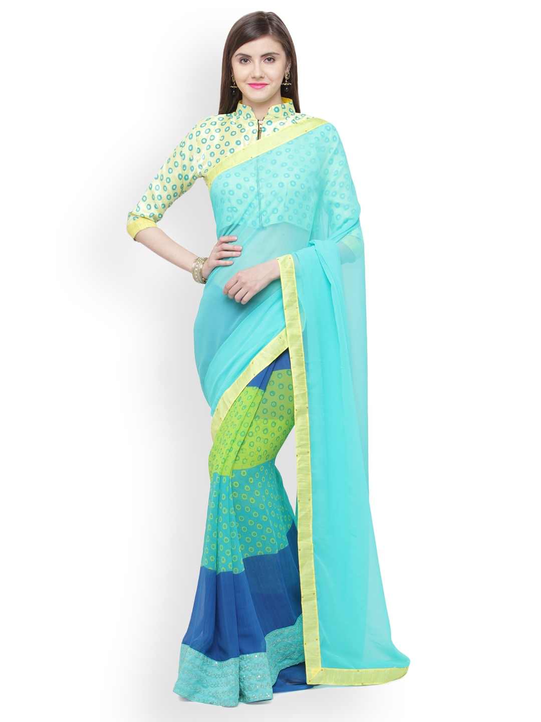 

Shaily Turquoise Blue Colourblocked Pure Georgette Saree