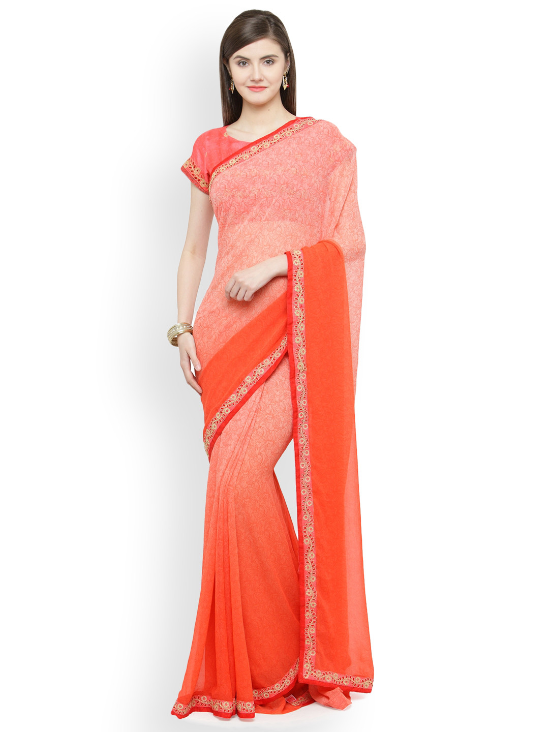 

Shaily Peach-Coloured & Orange Printed Pure Georgette Saree