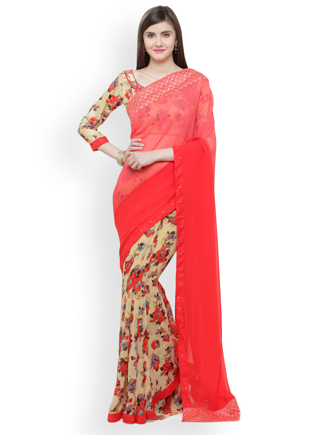 

Shaily Red & Beige Pure Georgette Printed Saree
