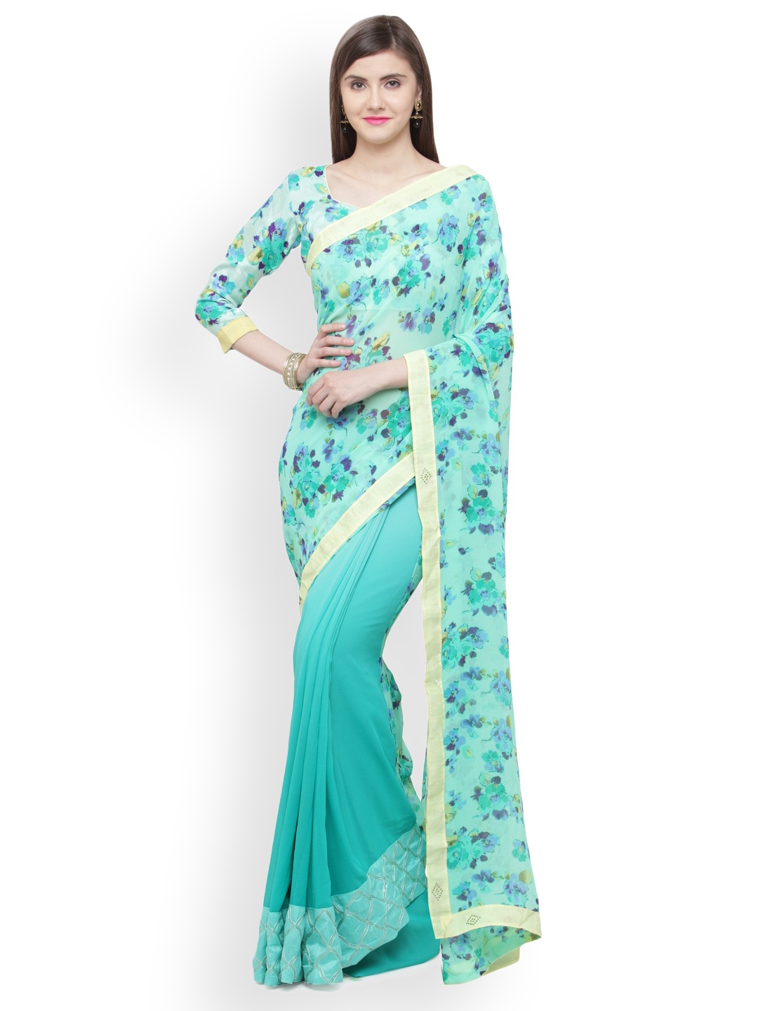 

Shaily Turquoise Blue Printed Pure Georgette Saree