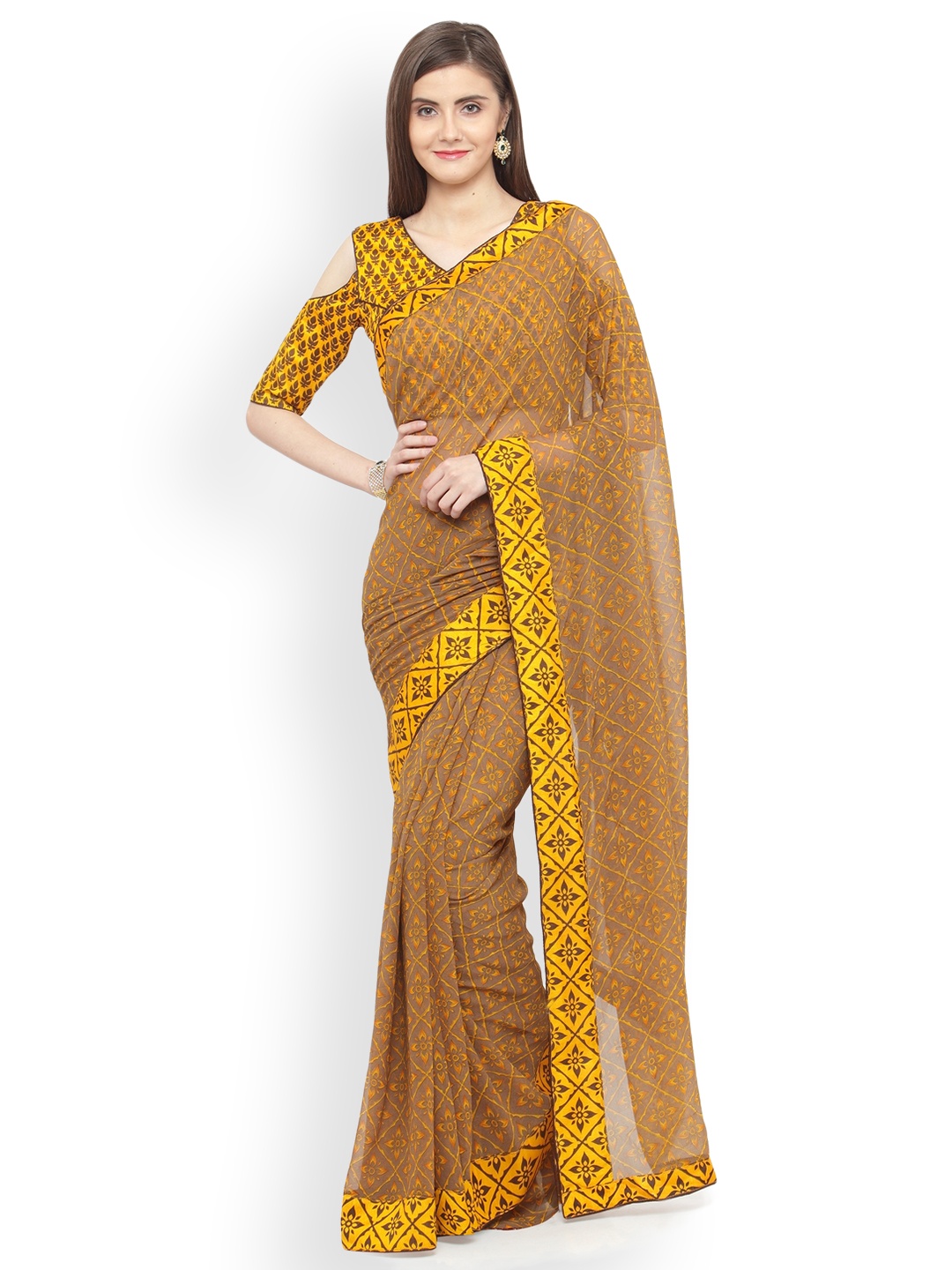 

Shaily Yellow & Brown Pure Georgette Printed Saree