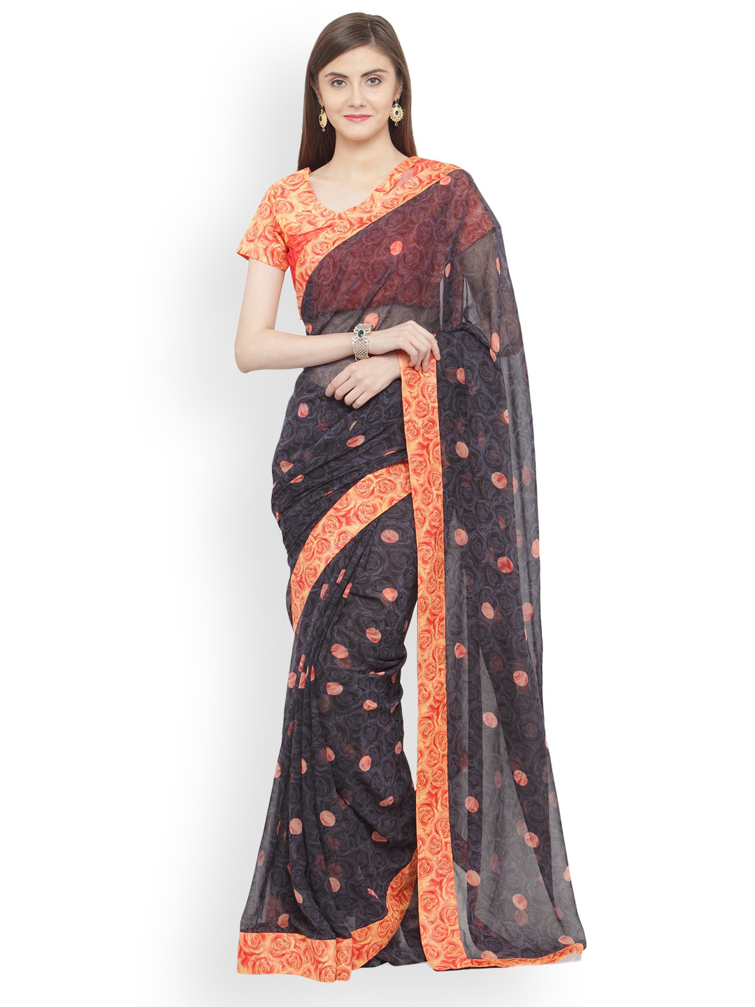 

Shaily Black& Orange Georgette Printed Saree