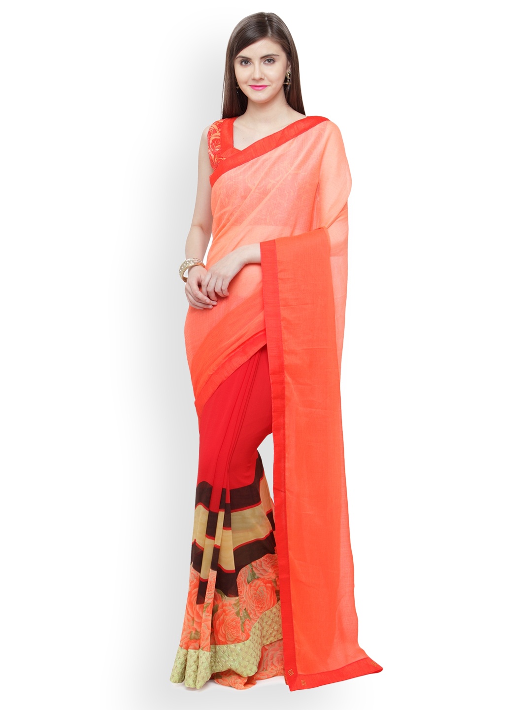 

Shaily Orange Georgette Striped Saree