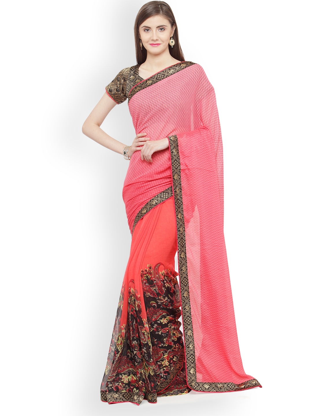 

Shaily Peach Georgette Printed Saree, Pink