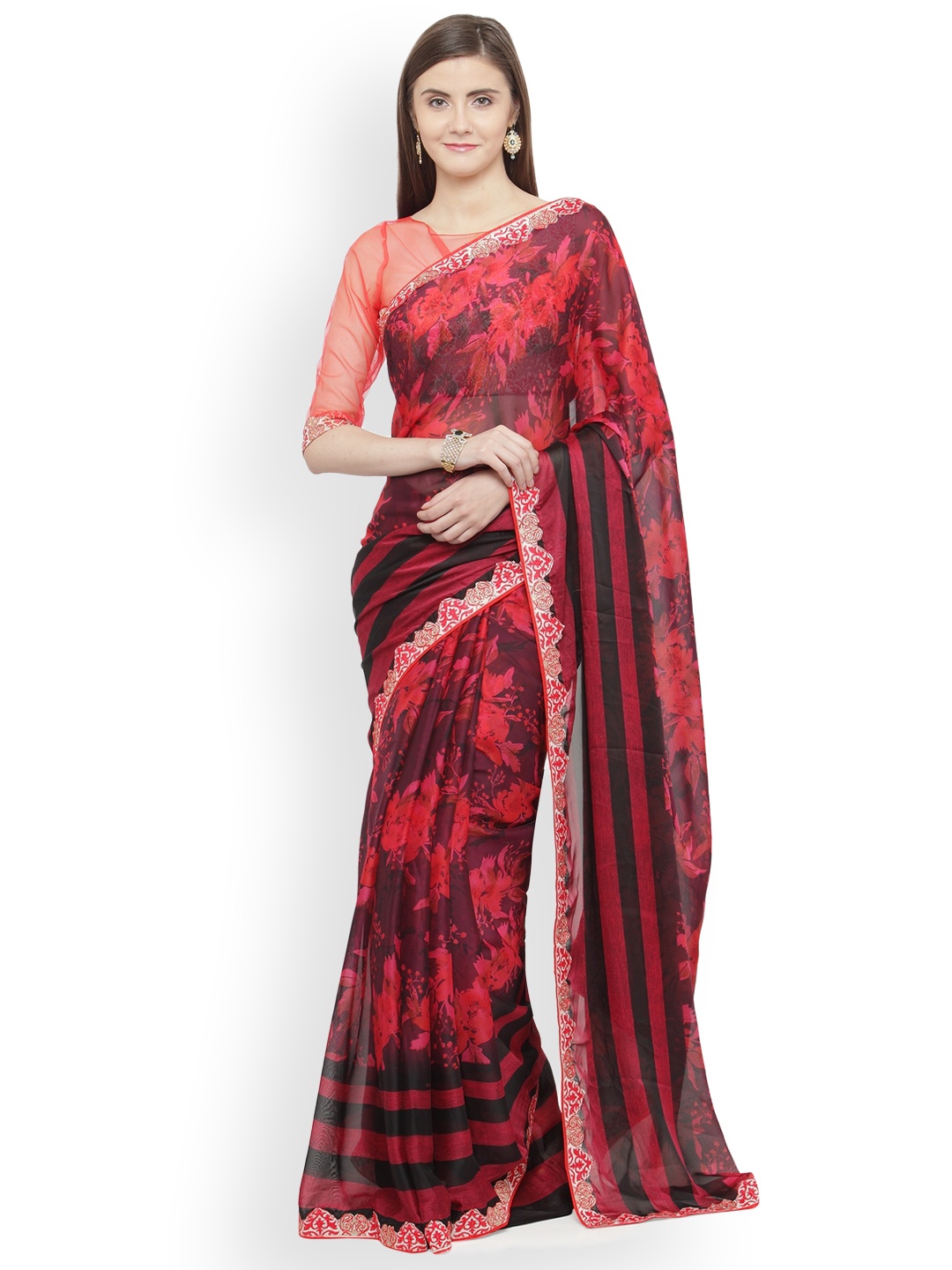 

Shaily Red & Black Satin Printed Saree