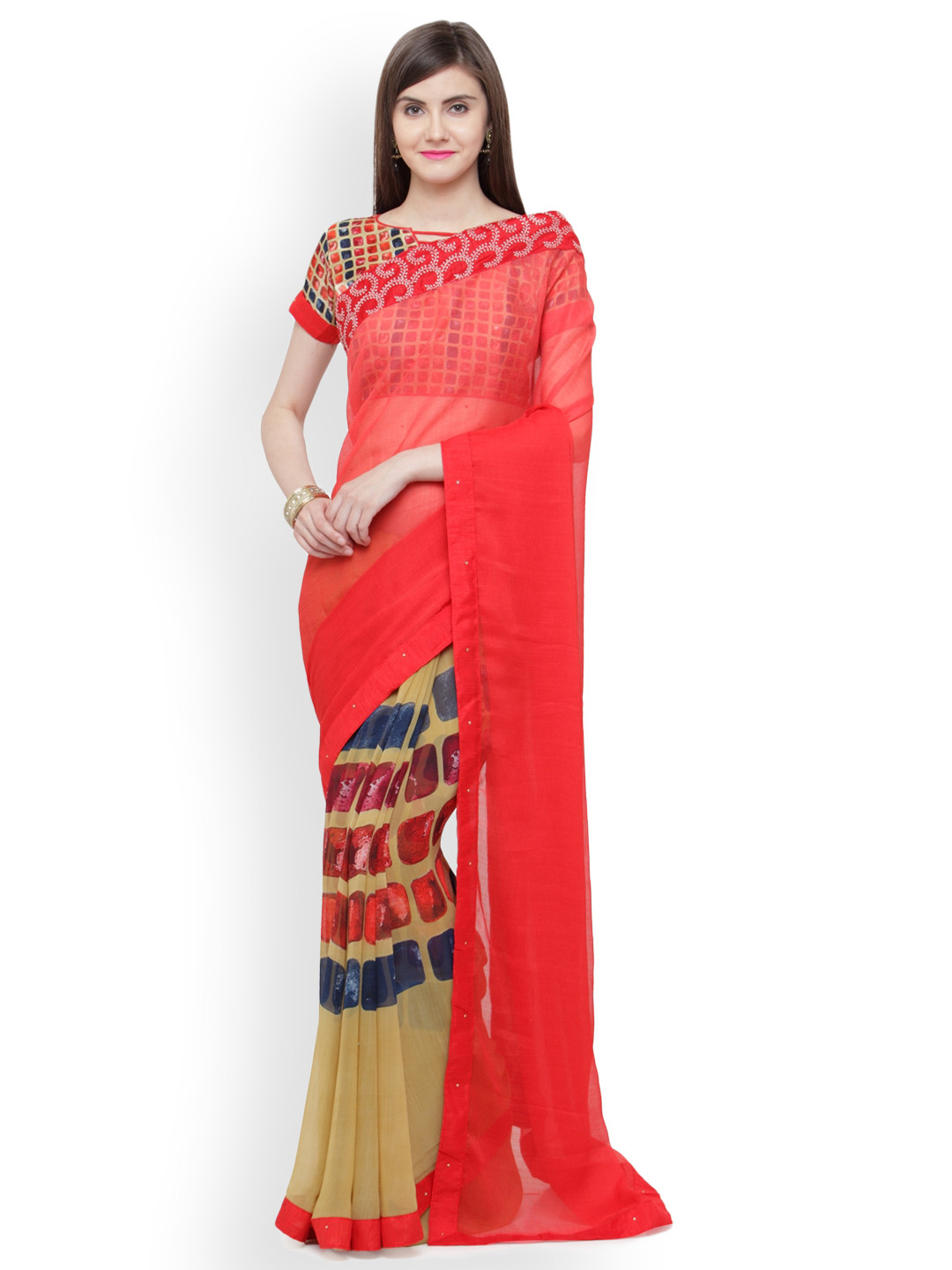 

Shaily Peach-Coloured & Beige Pure Georgette Printed Saree