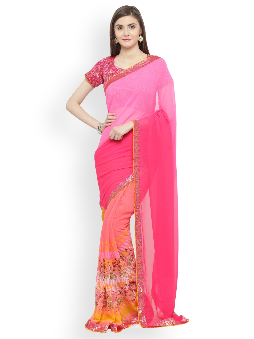 

Shaily Pink Printed Pure Georgette Saree