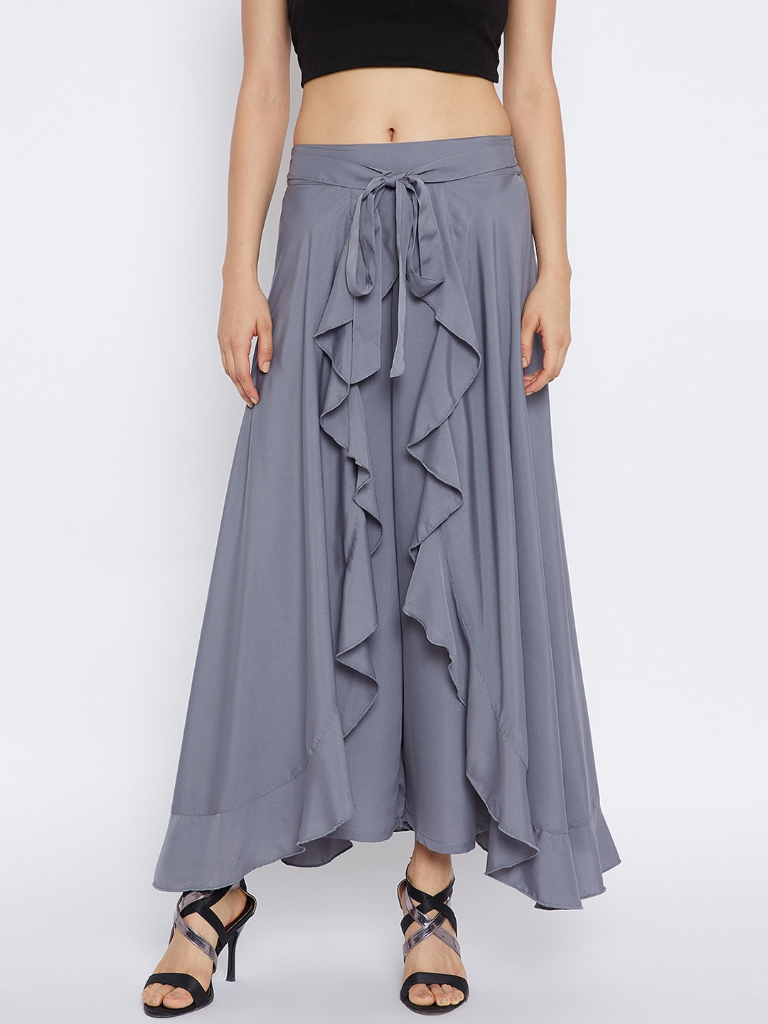 

Bitterlime Women Grey Flared Solid Layered Palazzos
